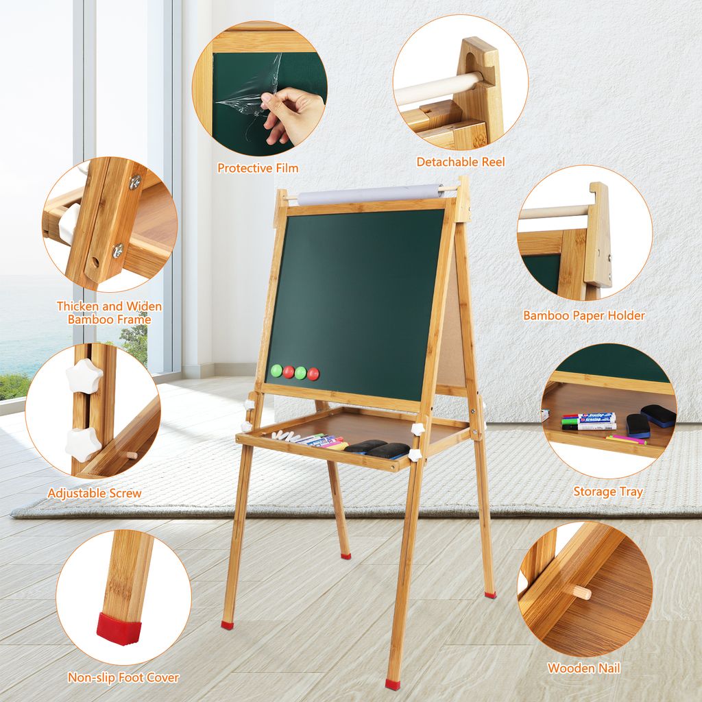 Kreidetafel für Kinder und Kinderzimmer Type-C doppelseitige Kindertafel höhenverstellbar mit Papierrolle Dripex Tafel Kinder Spieltafel aus Bambus
