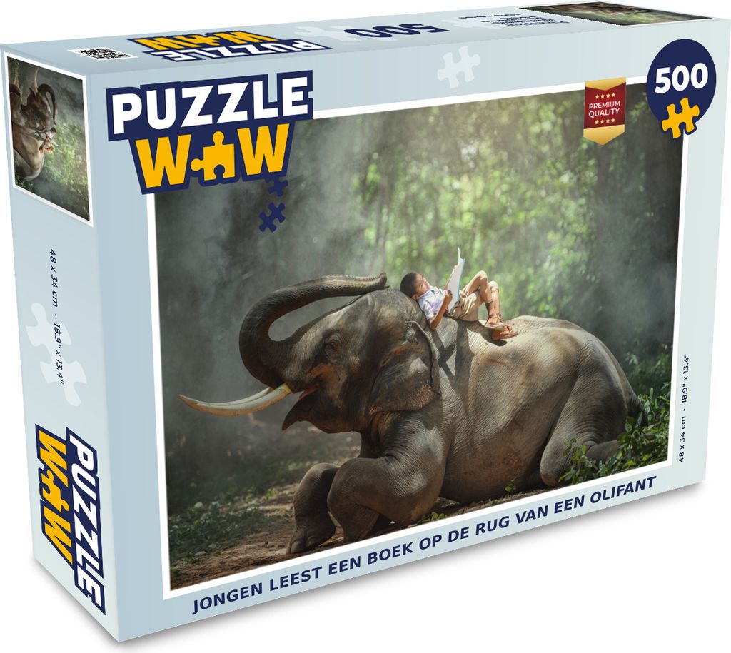 MuchoWow Puzzle 500 Teile Junge liest ein Buch auf dem Rücken eines Elefanten - 500 Teile - Kinder - Selberbauen - Puzzlespiele