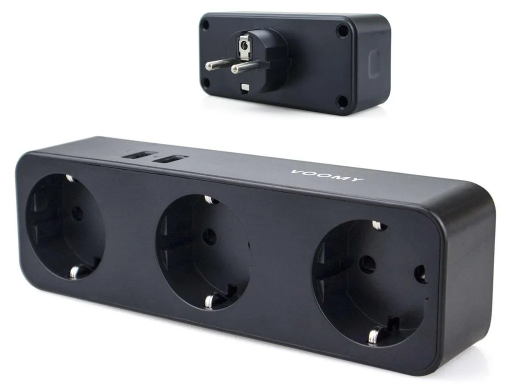 Adaptateur de Prise Murale avec 3 Prises et Double USB VOOMY Noir 4000W