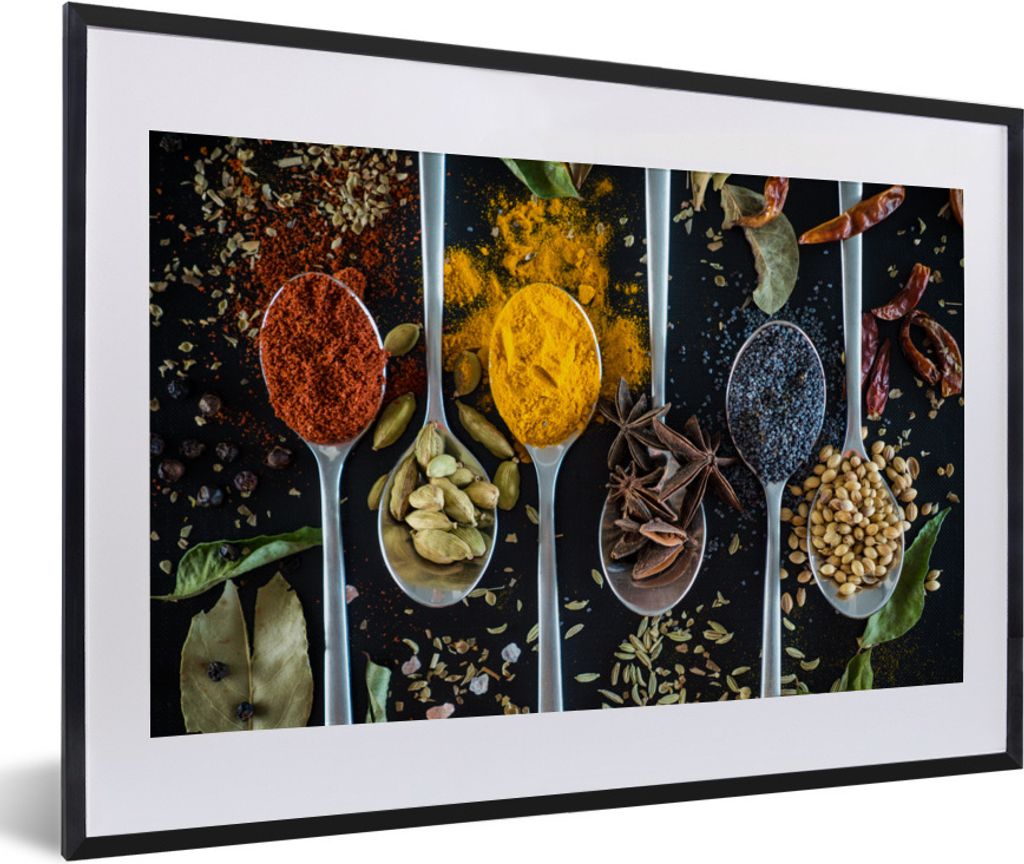 MuchoWow Gerahmtes Poster Kräuter - Löffel - Gewürze - Schwarz - Küche 60x40 cm - Poster mit Schwarzem Bilderrahmen Wandposter Rahmen Foto Bi...