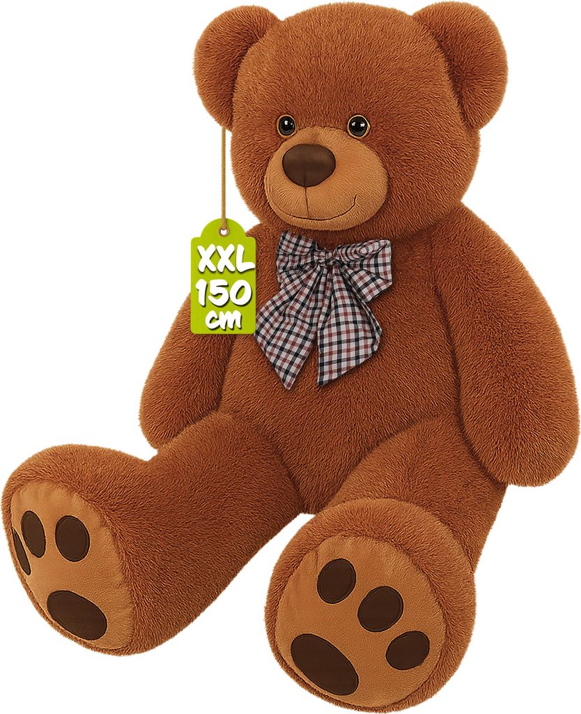 A large brown teddy bear with a plaid bow and a size tag.
