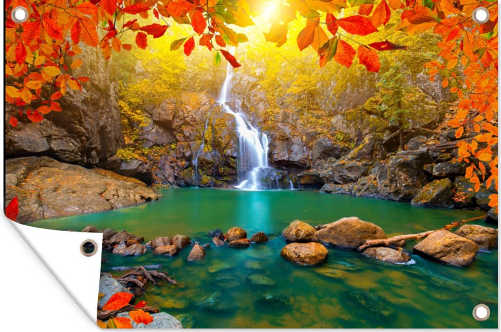 MuchoWow 60x40 cm Outdoor-Poster Gartendeko Sichtschutz Garten Poster für den Garten Steine - Baum - Wasserfall - Herbst - Rot