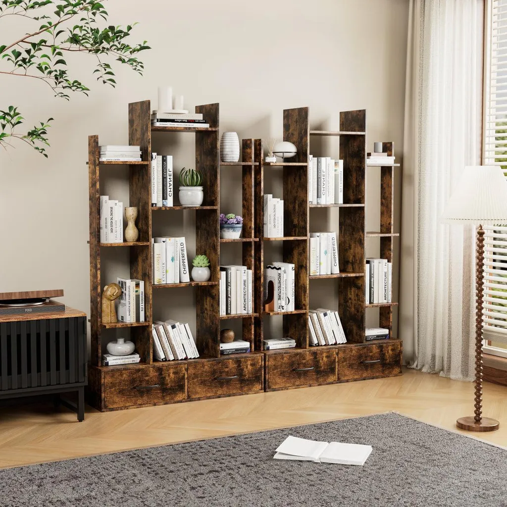 Bibliothèque 12 compartiments style rustique avec tiroirs de rangement - 9