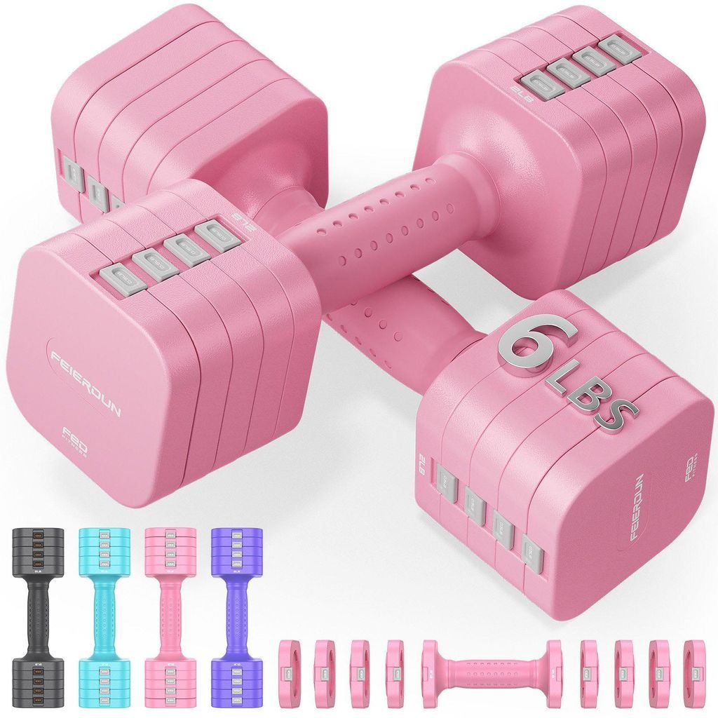 FEIERDUN 5-in-1 Verstellbare Hantel 2er Set 2,7/5,4kg Rosa | 1-Sek-Schnellverstellung mit Doppelverriegelung, für Frauen-Heimgym & Outdoor Training
