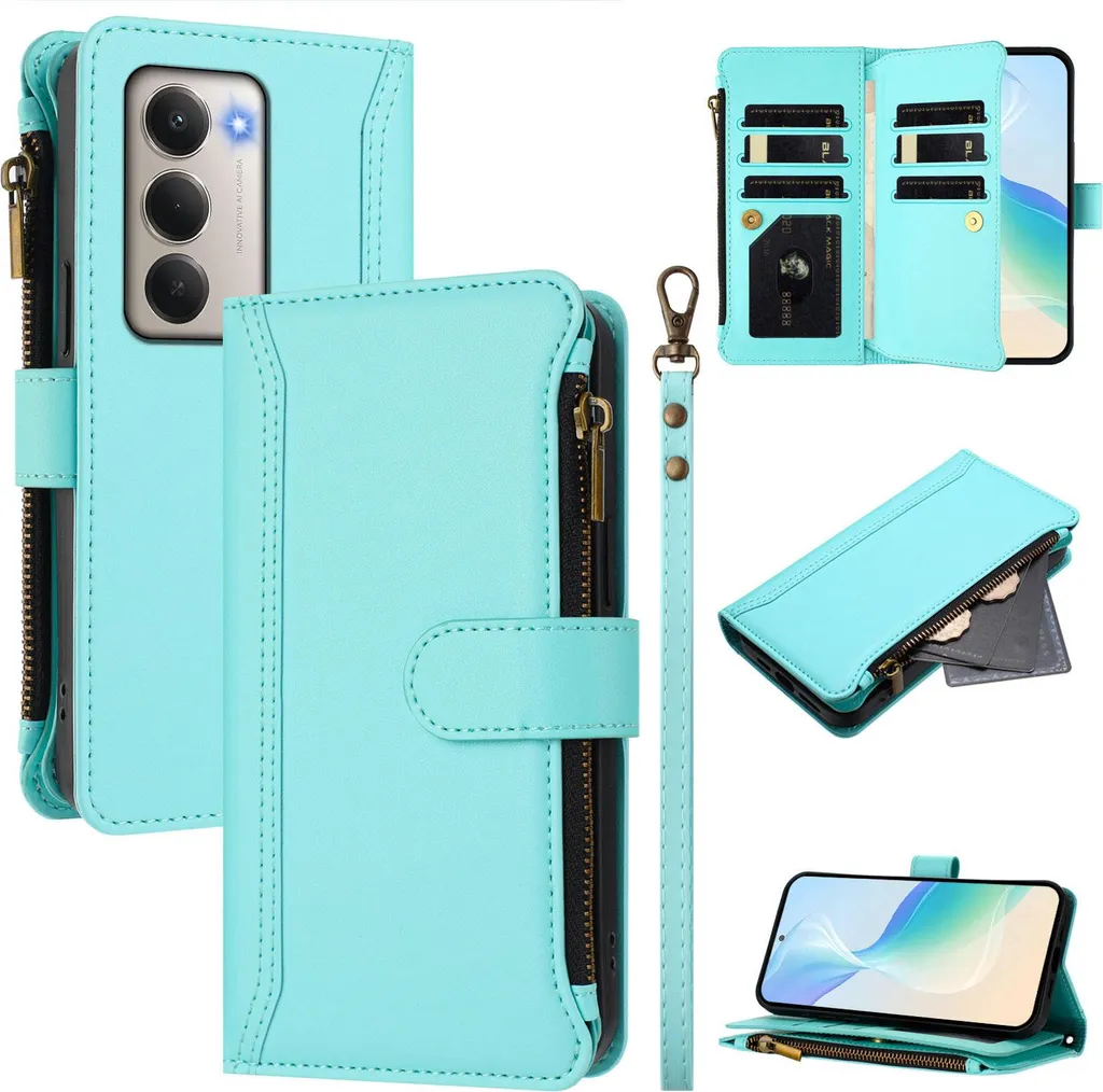 Custodia per Xiaomi Redmi 15 5G, con cerniera, portafoglio in Finto cuoio con tasche per carte, supporto e passante verde menta
