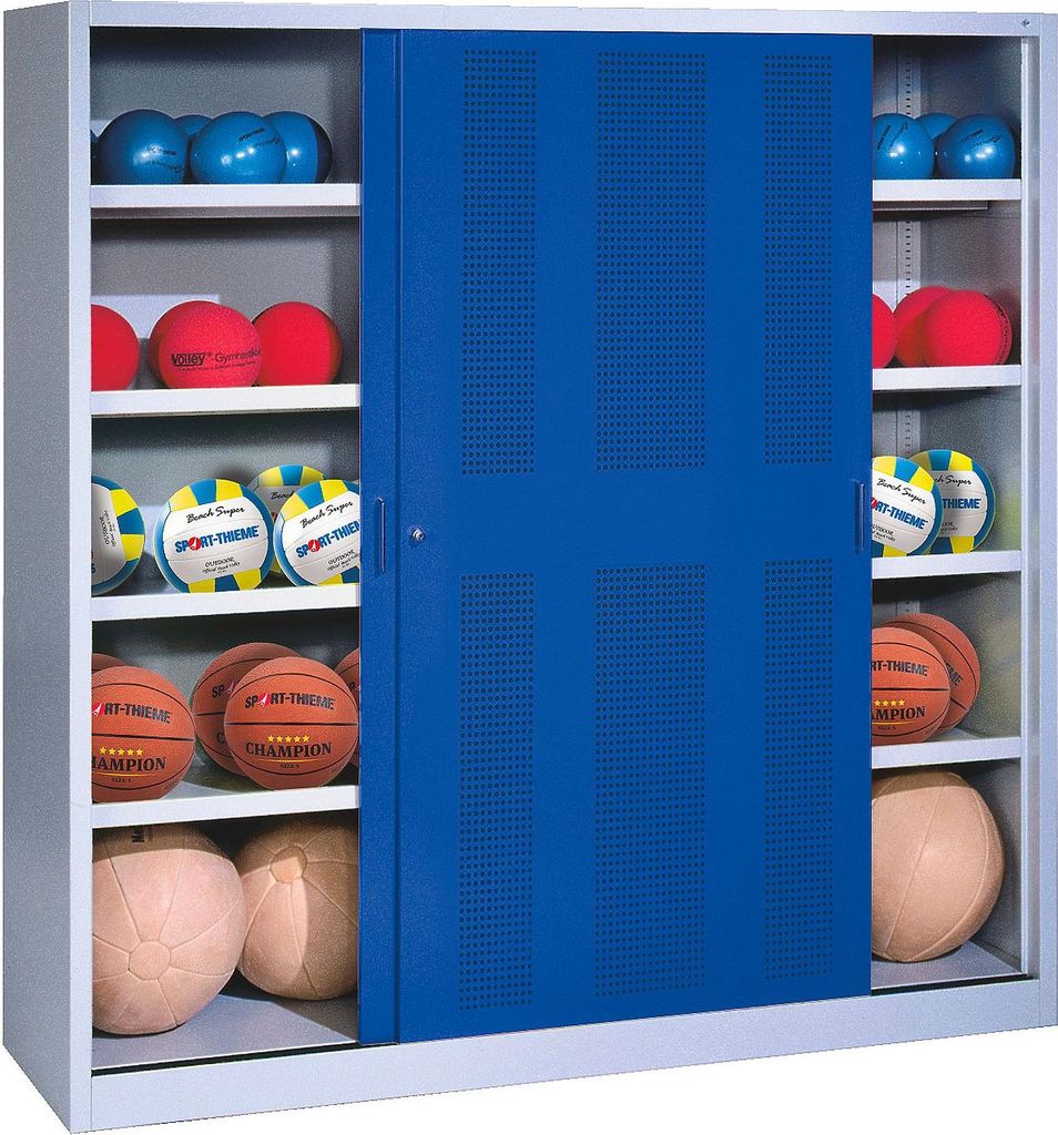 C+P Ballschrank mit Lochblech-Schiebetüren (Typ 4), HxBxT: 195x120x40 cm, Enzianblau (RAL 5010), Lichtgrau (RAL 7035), Gleichschließung