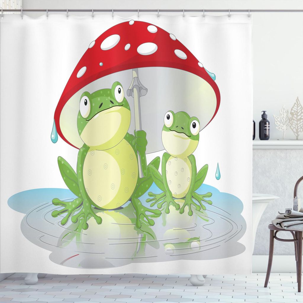 ABAKUHAUS Frösche Duschvorhang, Nursery Amphibie Tiere unter Pilz Regenschirm im Regen Cartoon Illustration, 175 x 180 cm, Mehrfarbig