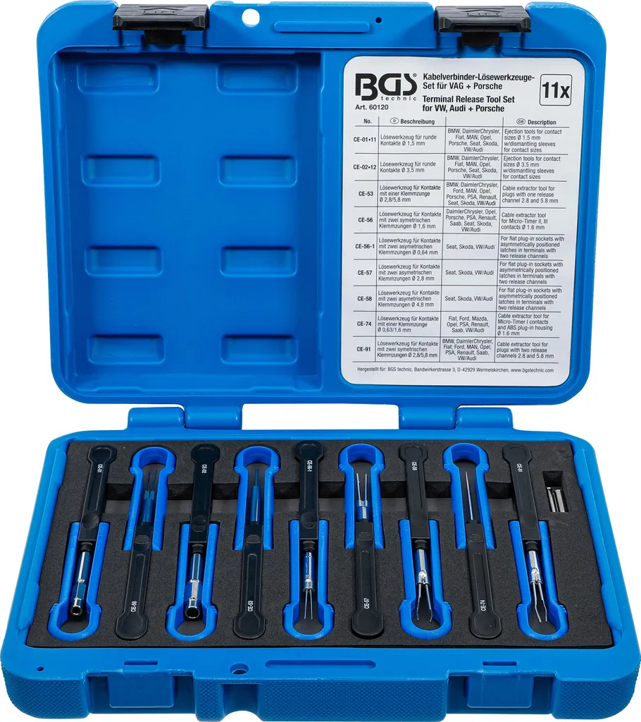 Outil de déverrouillage pour fiches électriques VAG Porsche 11 pièces BGS