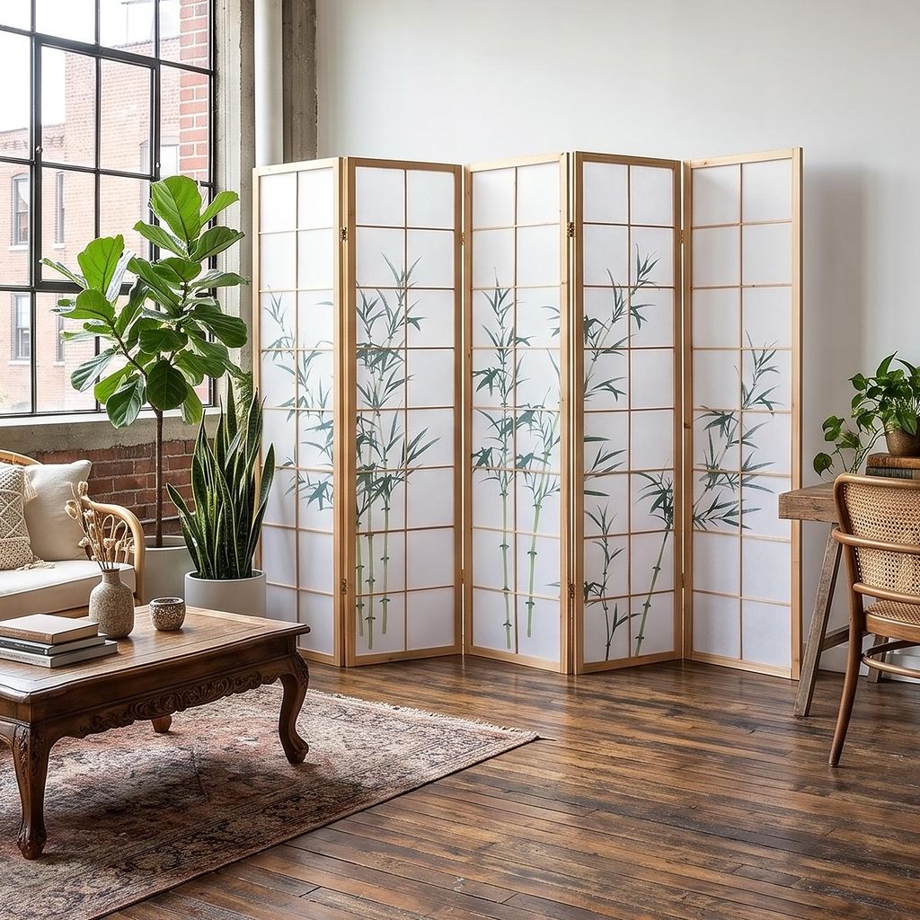 Homestyle4u Paravent Raumteiler 5 teilig Holz Natur Produktbild  KI-generiertes Bild