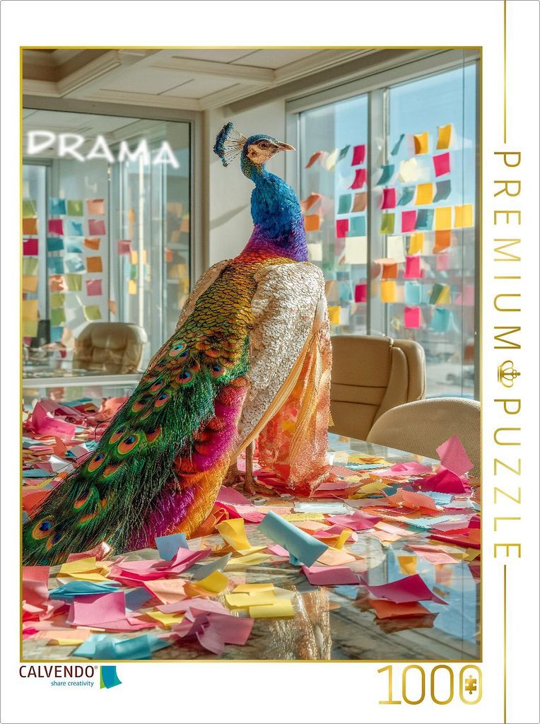 CALVENDO Puzzle Tierpuzzle mit Pfau in einem Büro - die Dramaqueen unter den Federtieren sorgt für buntes Chaos | 1000 Teile Lege-Größe 64x48cm...