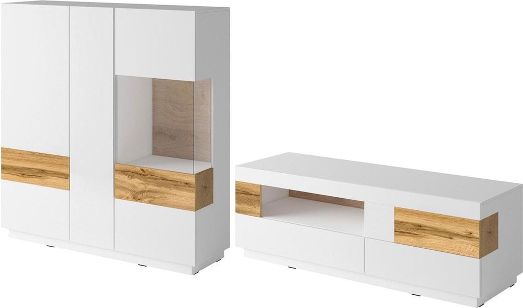 Wohnwand Saale Anbauwand 2-teilig weiß hochglanz votaneiche