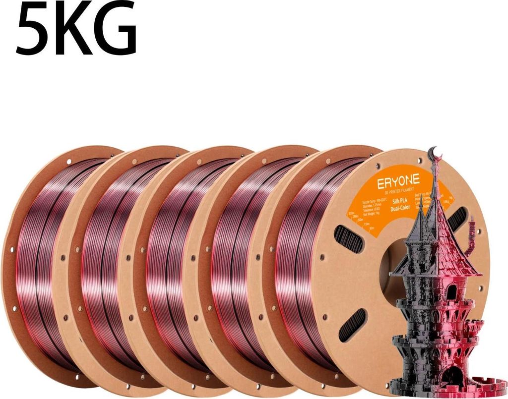 PLA Filament 3D Drucker - Silk Dual Color - 1,75 mm ±0,03 mm - 5 kg Spule - Für FDM 3D Druck - Schwarz/Rot