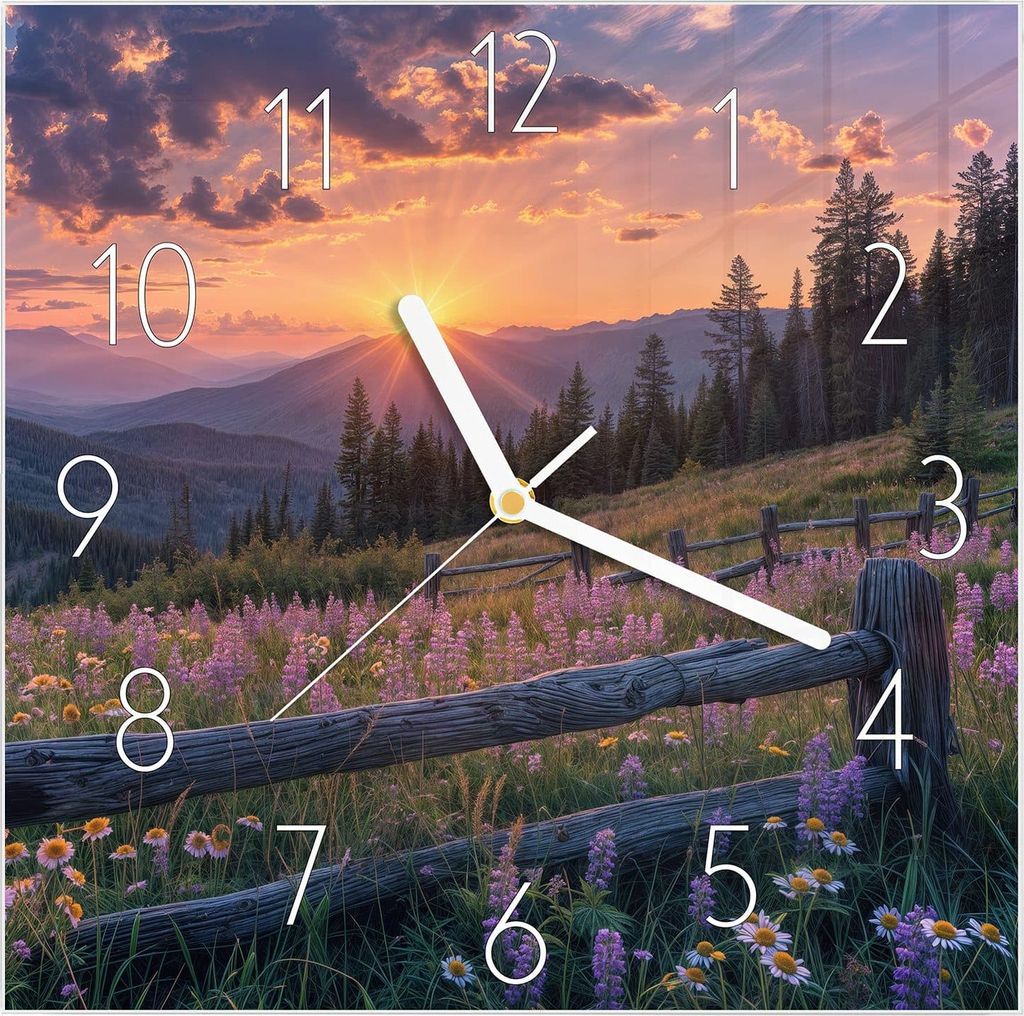 Wanduhr aus Glas mit Motiv Sonnenuntergang Wiese- 30 x 30 cm - inkl. Aufhängesystem