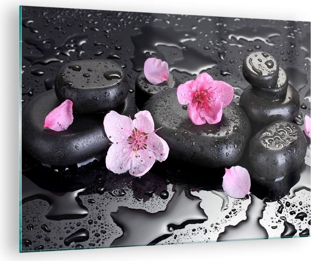Bilder auf glas - Blumen Steine Tropfen Spa - 70x50cm - Glasbilder - Wandbilder - Kunstdruck - zum Aufhängen bereit - Wanddekoration aus Glas - Gl...
