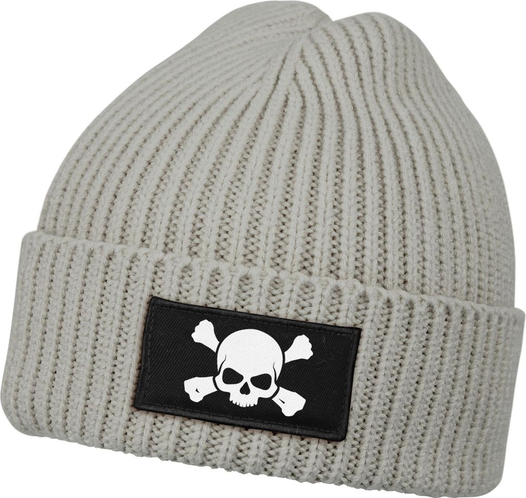 Herren Beanie Wintermütze mit Patch Skull Totenkopf Aufdruck Print Strickmütze Rippstrick Neverless