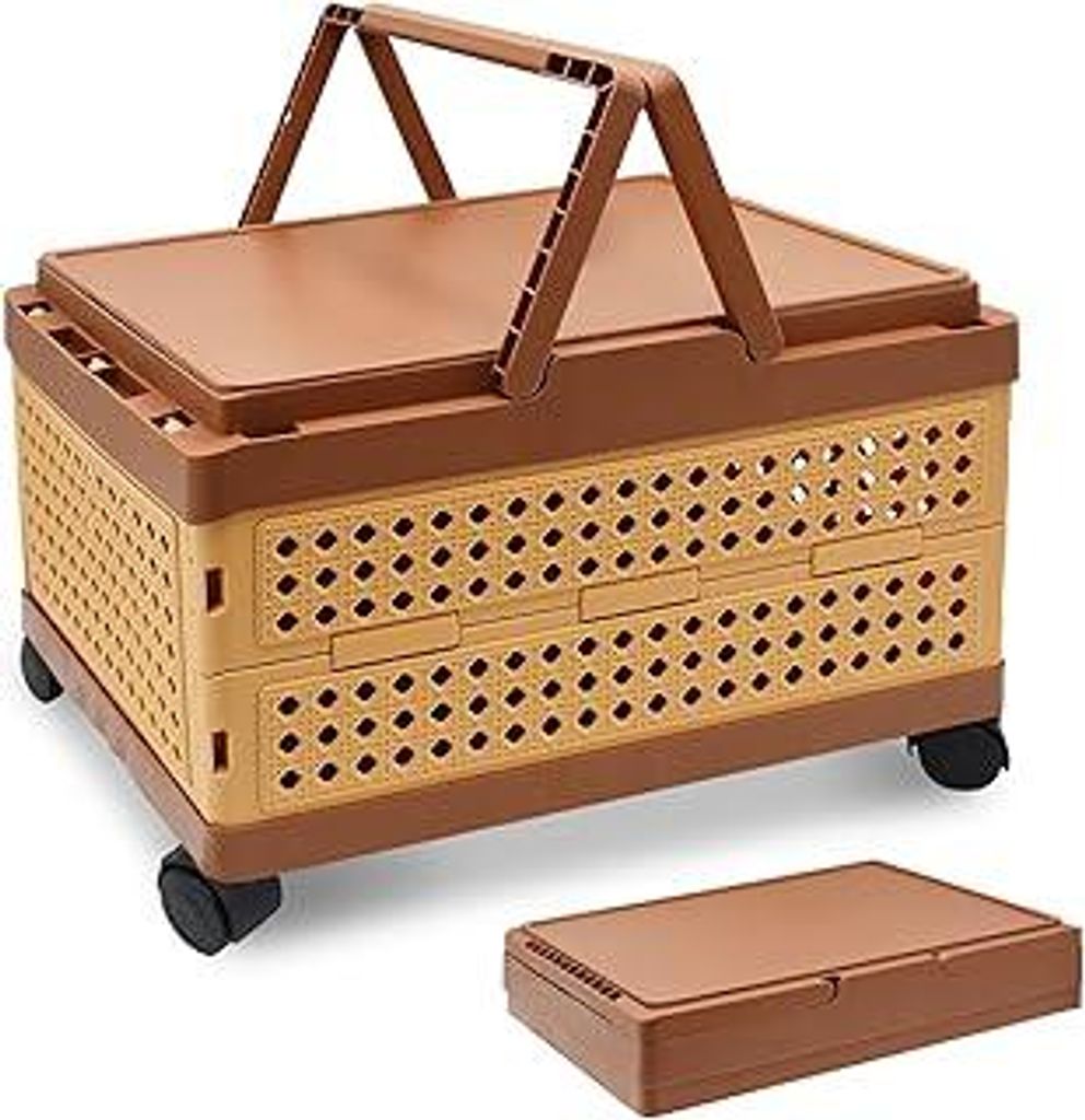 Klappbox mit Deckel, 28L Tragbar Picknickkorb Campingbox mit Henkel 4 Rollen Kunststoff Aufbewahrungsbox Faltbox Klappkorb für Picknick, Camping, ...