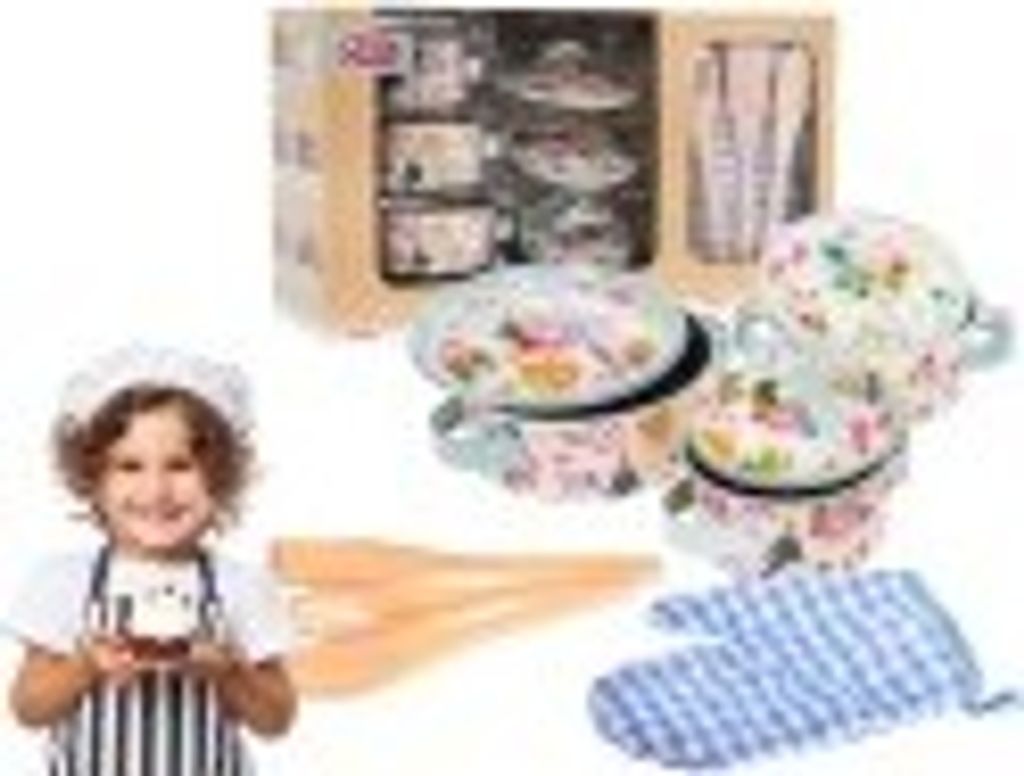 Zestaw aluminiowych Garnków dla dzieci 3+ Akcesoria 10 el. + Przybory kuchenne + Rękawica kuchenna