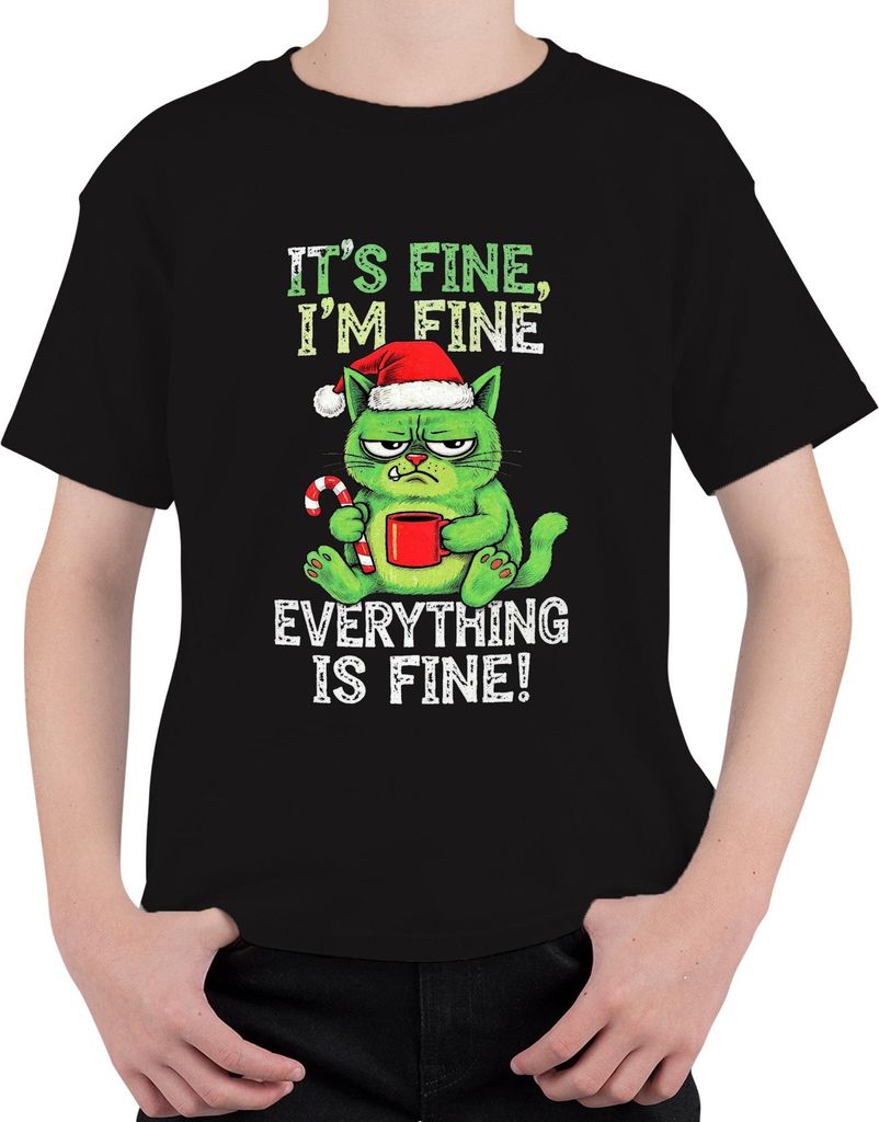 It's fine I'm fine everything is fine grumpy cat lustig weihnachten Uni Kinder T-Shirt, Schwarz, 104