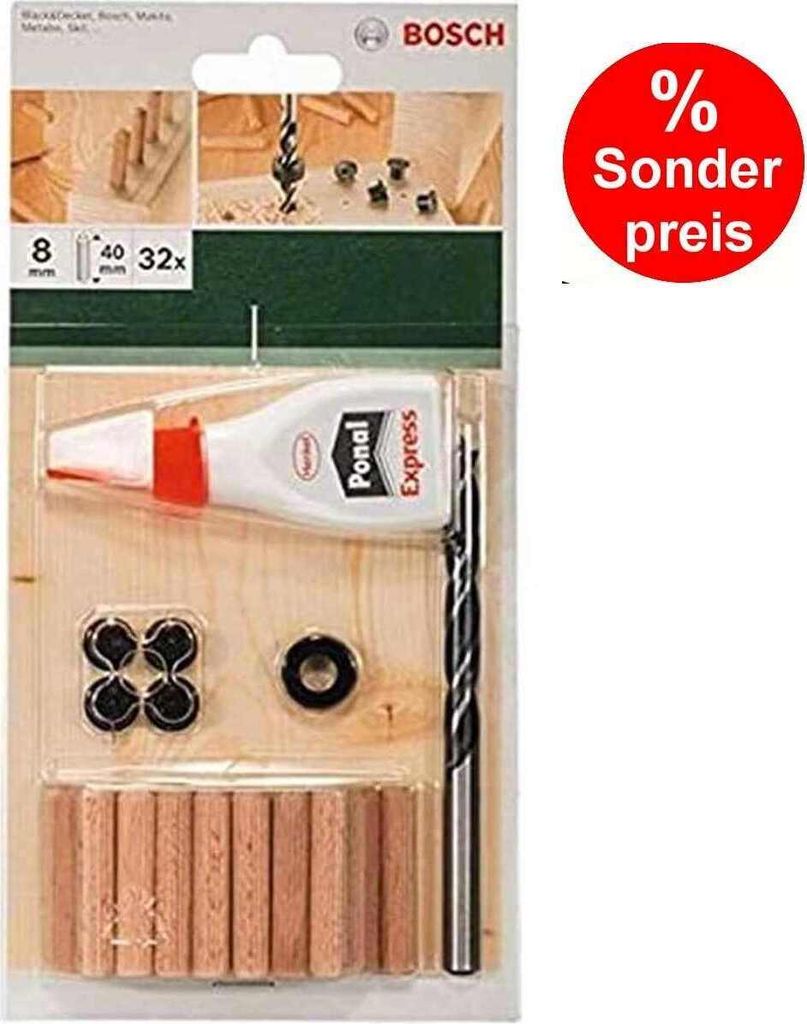 Bosch 32-tlg. Holzdübel Set 8 x 40 mm, Bohrer Tiefenstop 4 Dübelsetzerr Holzleim