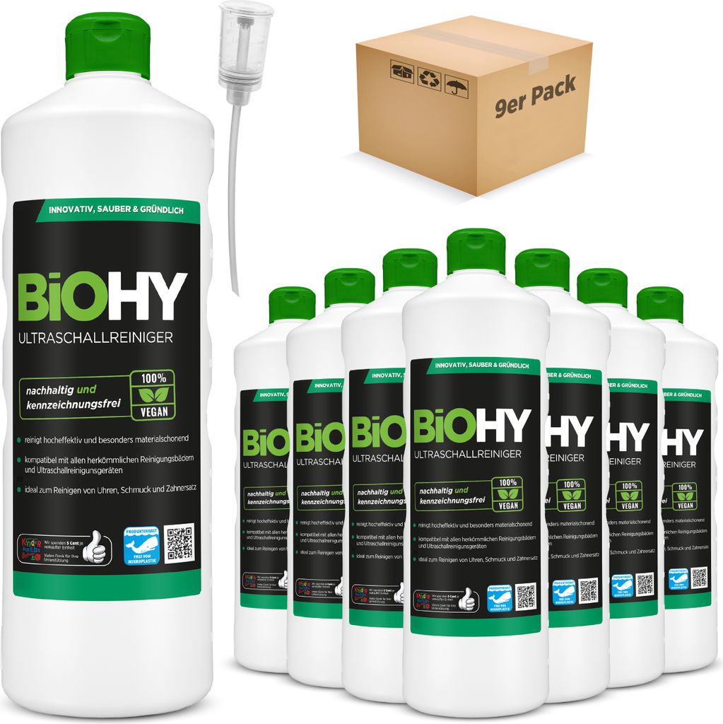BiOHY Ultraschallreiniger (9x1l Flasche) + Dosierer | intensive und materialschonende Reinigung von Brillen, Dentalprodukte, Gold, Münzen und Schm...