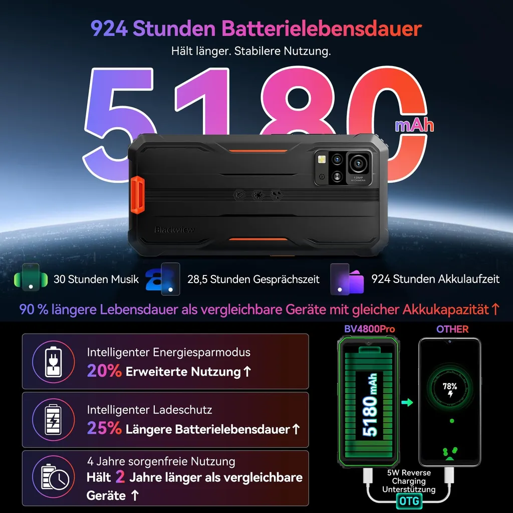 Smartphone Antichoc 12GB RAM Android 14 Blackview BV4800 Pro 128GB ROM - 9
