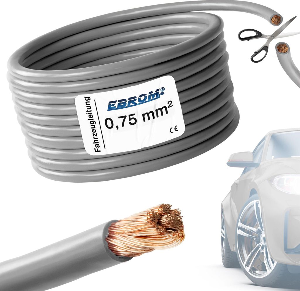 20 Meter EBROM FLRY 0,75mm2 Fahrzeugleitung - KFZ Leitung - Farbe: grau - Querschnitt 0,75 mm² (mm2) flexibel 90 ± 5 Shore 99,99% Kupfer Mantel P...