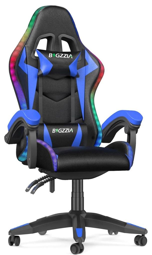 Gaming-Stuhl mit RGB-LED - Ergonomischer PC-Stuhl - Kopfstütze - Höhe 117–127 cm - 360° drehbar mit Rollen - Max. 136 kg - Leder & Metallrahme...
