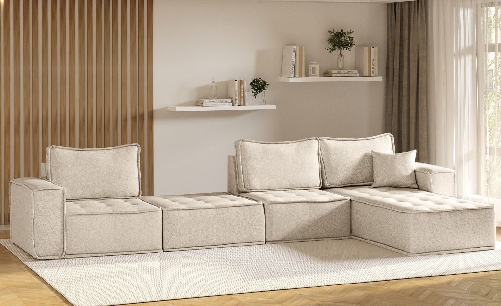 Ecksofa Modulsofa 4-teilig SANDE XL Stoff Raven Creme Ottomane Rechts