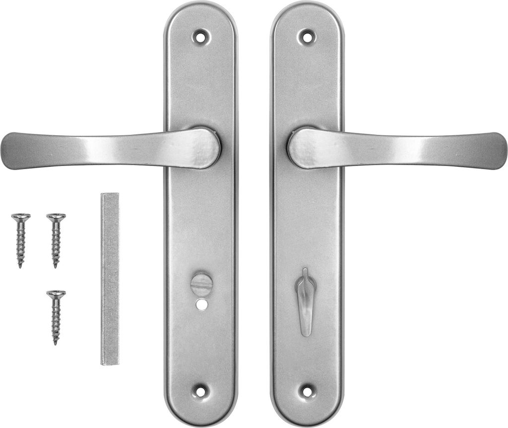 A set of door handles and screws on a white background.