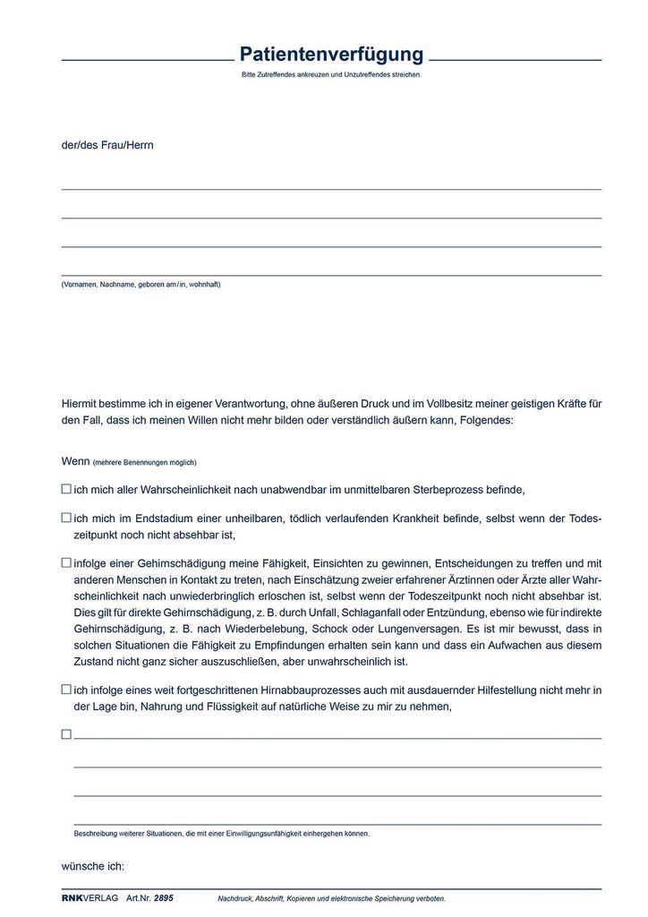 Patientenverfügung mit Betreuungsverfügung und Vorsorgevollmacht.