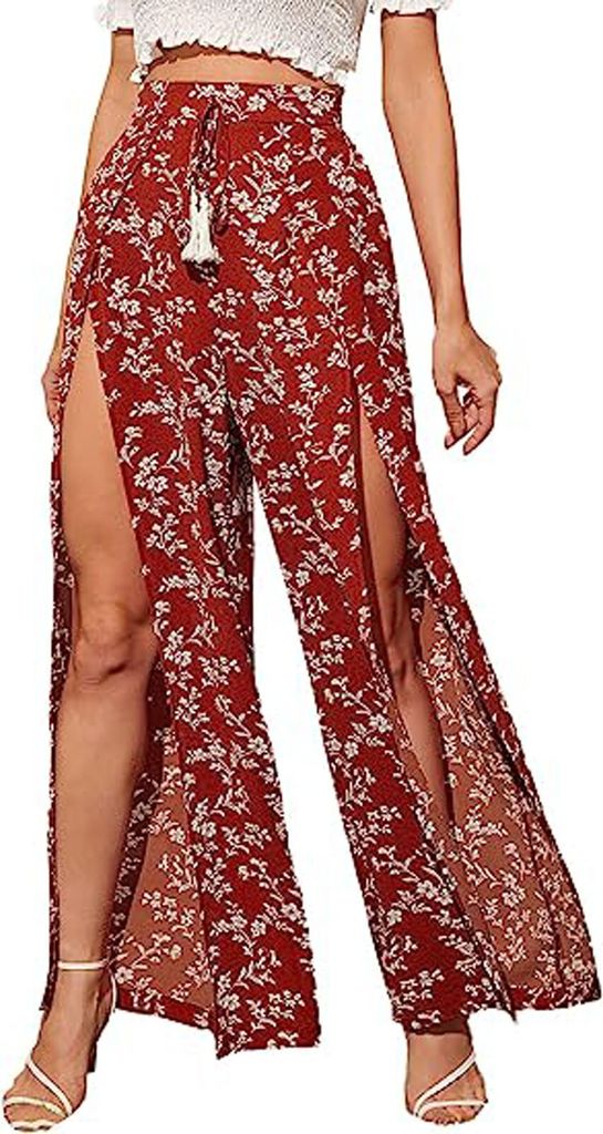 ASKSA Damen Druck Strandhose Sommerhose Wickelhose Weites Bein Hose Mit Schlitz Lose Sporthose Freizeithose, Rot, XL