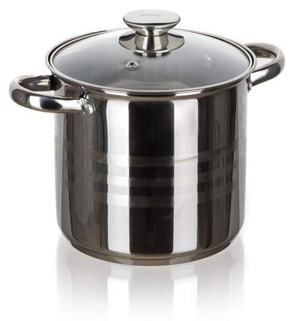 A stainless steel pot with a glass lid is shown against a white background.
