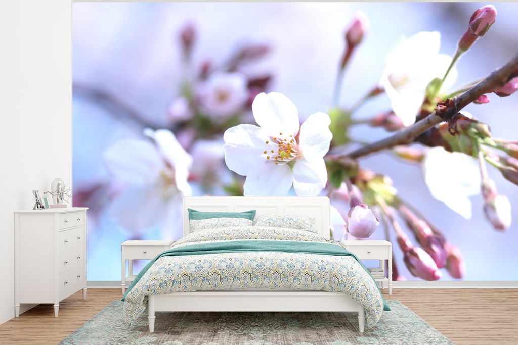 MuchoWow Fototapete für Wohnzimmer oder Schlafzimmer Wandtapete Vinyl Motivtapete Blumen - Sakura - Zweig - 375x280 cm - Schlafzimmer tapete