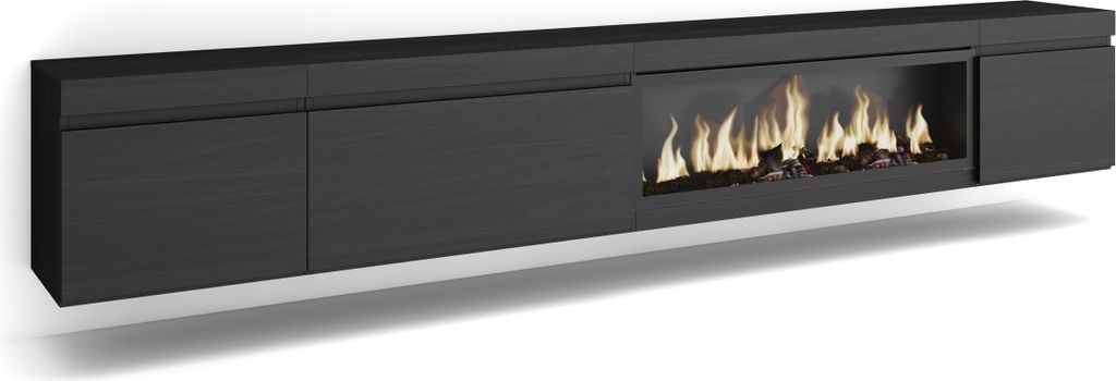 TV-Schrank, Lowboard, 288x35x45 cm, Für großformatiges TV, Elektrokamin XXL, Hängend, Schwarz