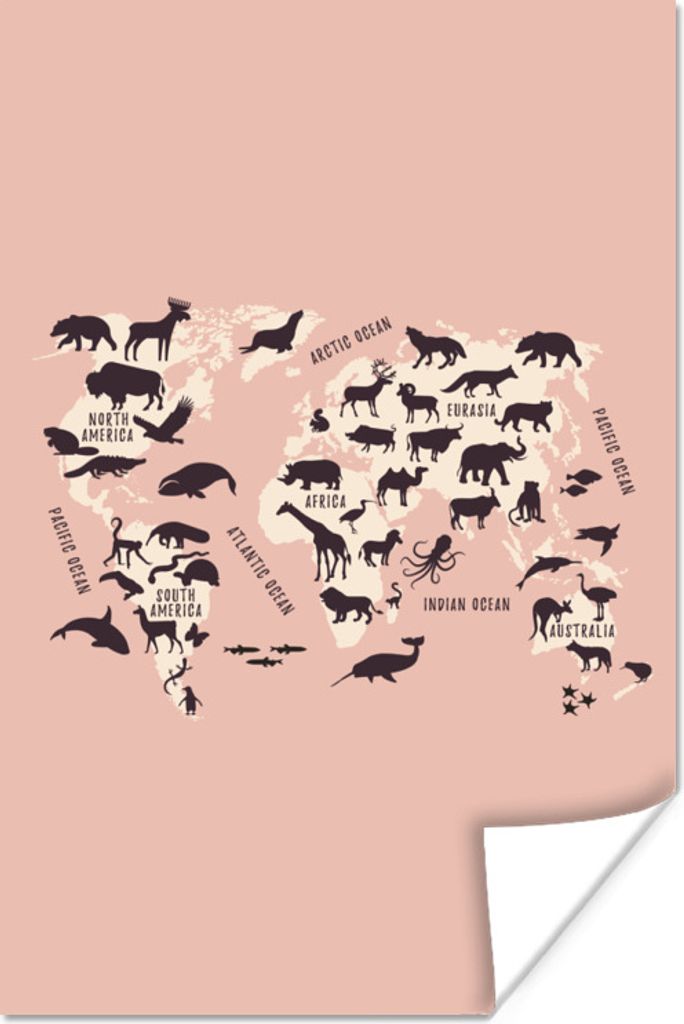 MuchoWow Poster Weltkarte - Tiere - Scherenschnitt 20x30 cm - Papierdruck