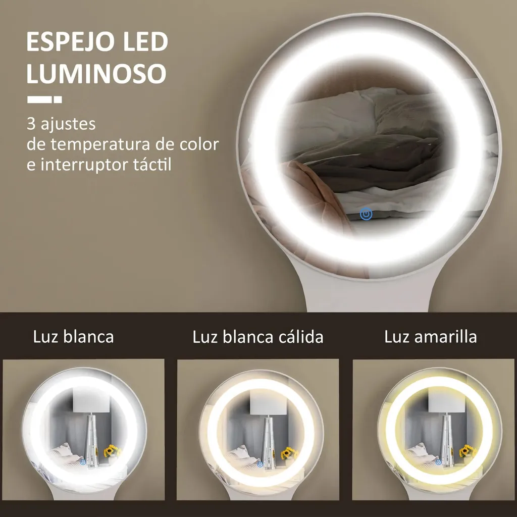 Coiffeuse avec miroir LED et luminosité réglable - Modèle Blanc Épure