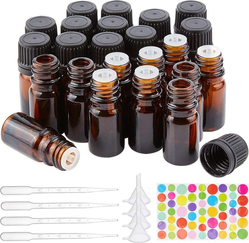 Amberfarbene Glasflaschen von 5 ml für ätherische Öle mit rutschfestem Deckel - Set von 24 Stück mit Pipetten und Trichtern