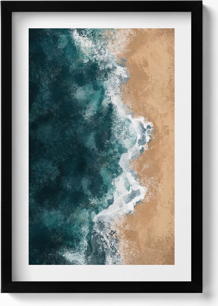 Illustration von Meereswellen und Strand aus der Vogelperspektive– Wandbild mit Rahmen – Gerahmtes Bild – Wanddekoration – 40x60 cm – S...