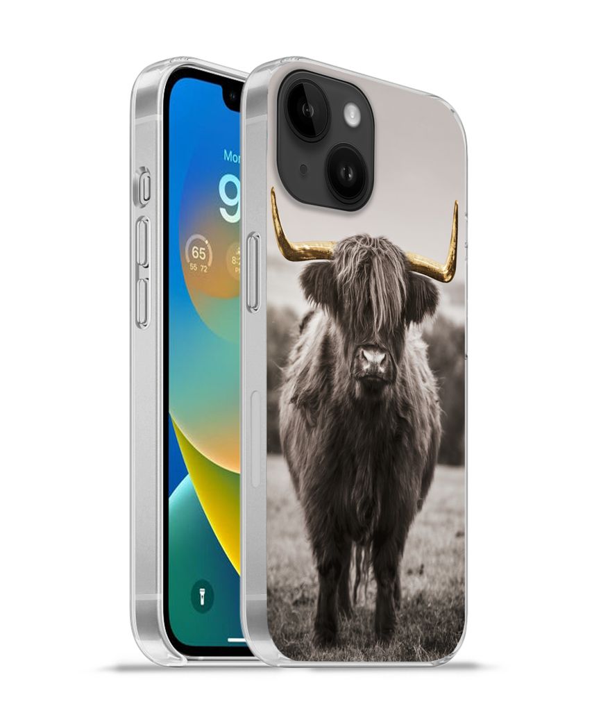 MuchoWow Handyhülle Schutzhülle Hülle für Apple iPhone 14 - Softcase Schottischer Highlander - Gold - Hörner Silikon Softcase Handy Hülle -...