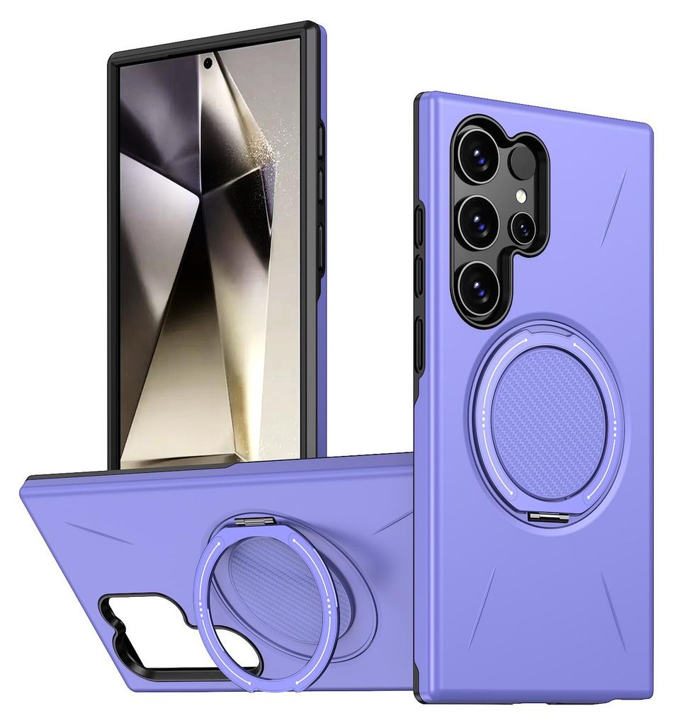 Magnetisch Hülle für Samsung Galaxy S24 Ultra, Stoßfeste Weich TPU und Hard PC Schutzhülle mit Ringhalter Ständer Lila