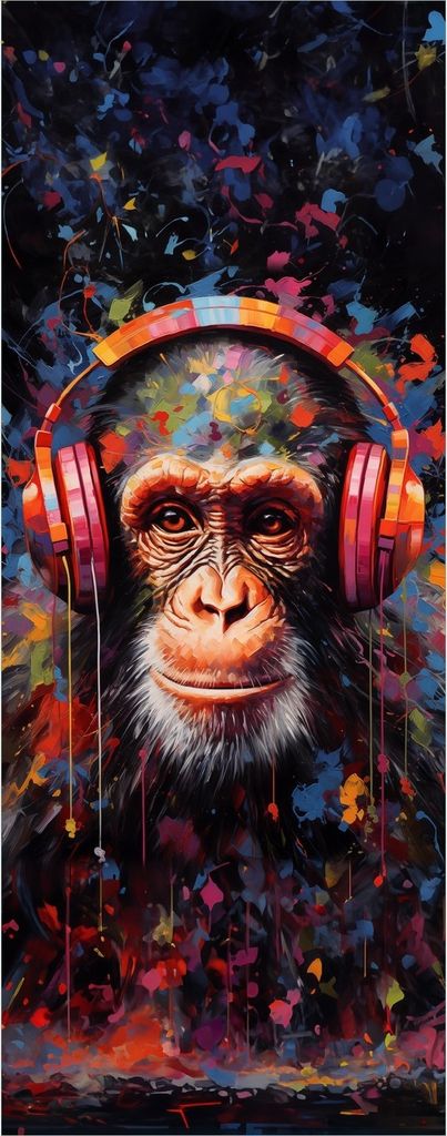 Wallario Poster - Schimpanse mit Kopfhörern, Kunstdruck Größe: 50 x 125 cm