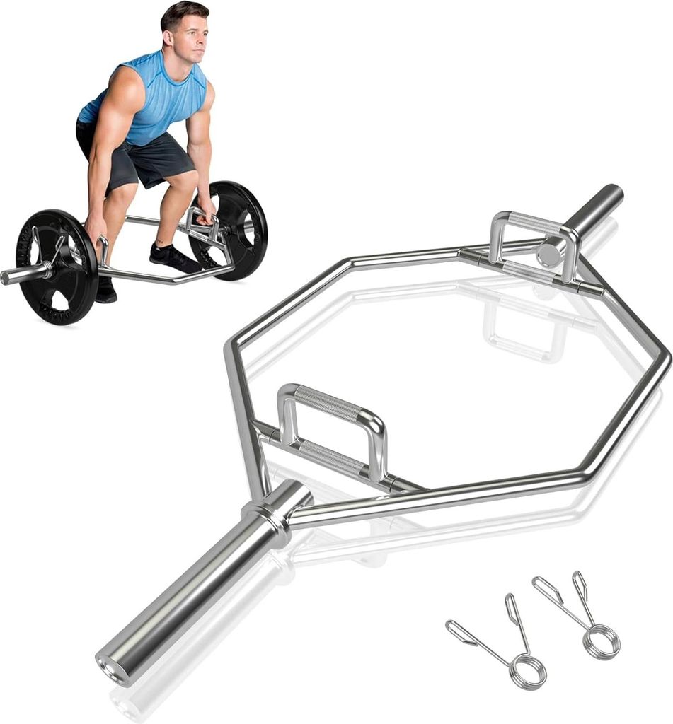 KOMFOTTEU Trap Bar mit Klappgriff, Kreuzhebestange aus Stahl mit Federverschluss, 142 cm Hantelstange bis 362 kg, Olympic Bar für Kniebeugen, Kreu...
