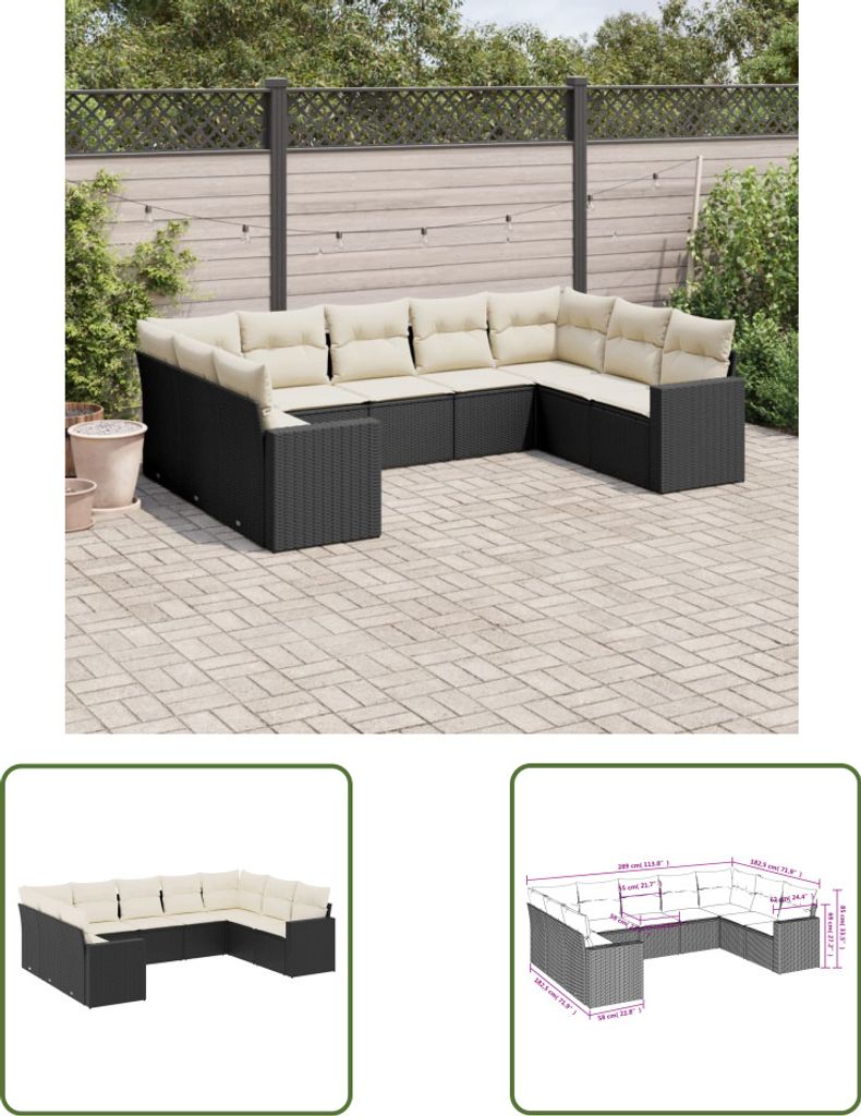 The Living Store 9-tlg. Garten-Sofagarnitur mit Kissen Schwarz Poly Rattan