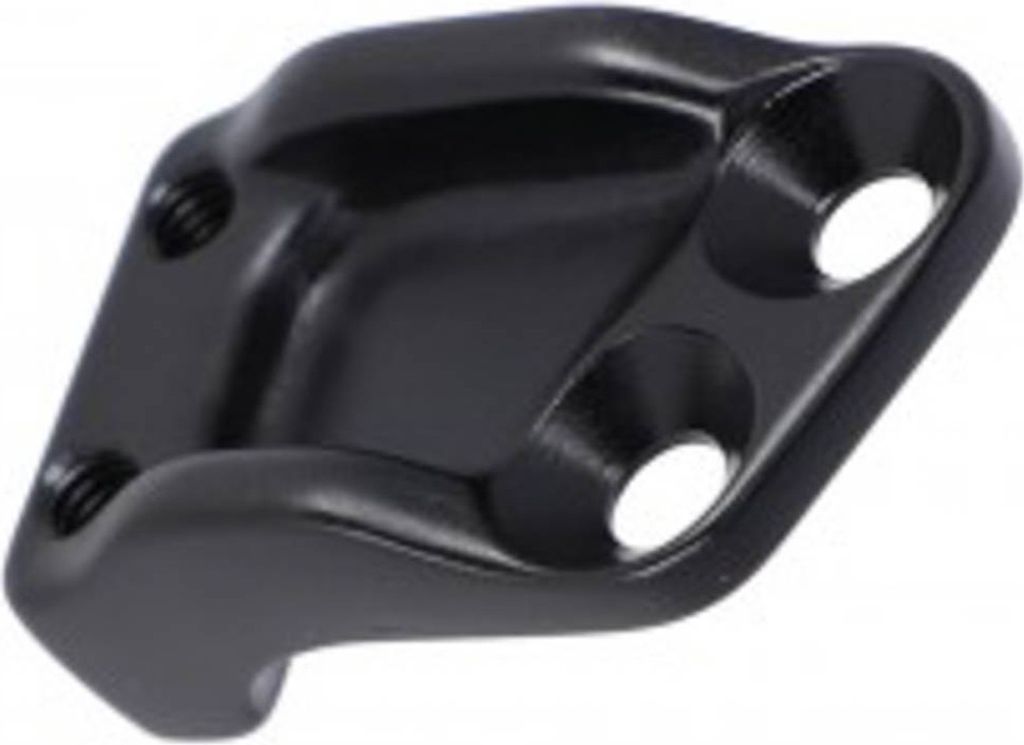 A black metal kickstand mounting plate is shown against a white background.