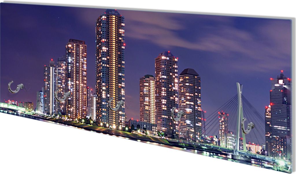 Wallario Flurgarderobe Wandgarderobe aus Glas, mit 5 Haken, Größe 80 x 30 cm, Motiv Tokyo- Skyline bei Nacht
