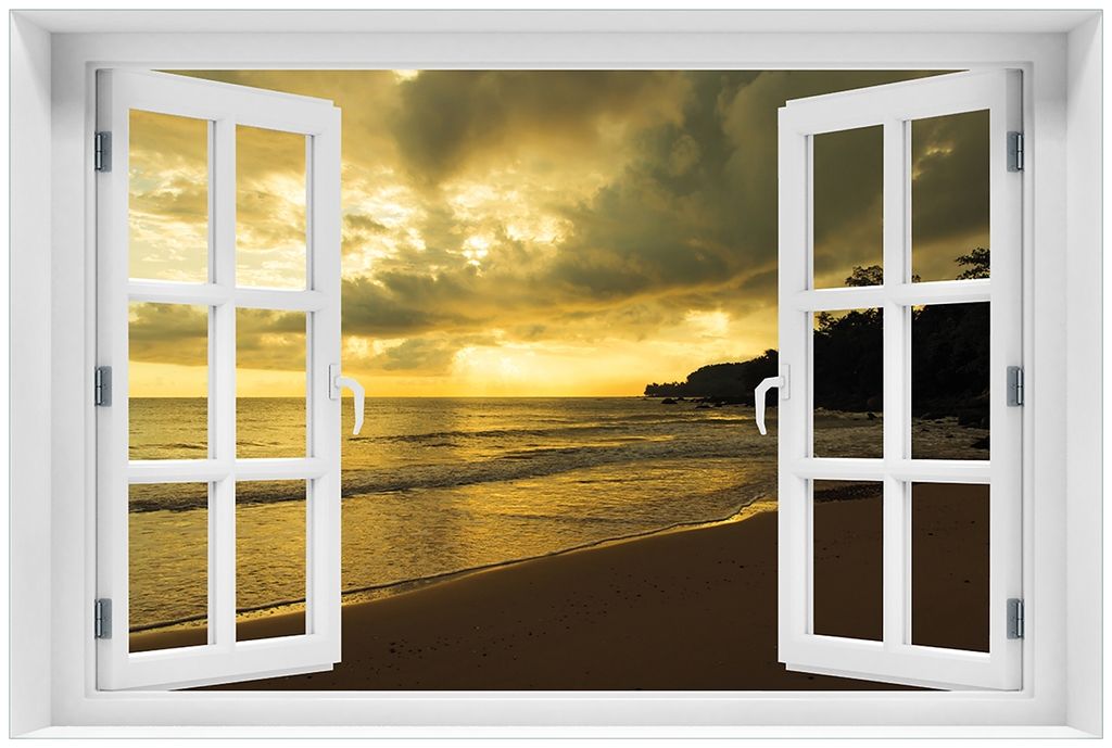 Wallario Premium Glasbild mit Fensterrahmen, freischwebende Optik, kräftige Farben, Größe 60 x 90 cm Motiv Badestrand auf den Malediven - Stille...