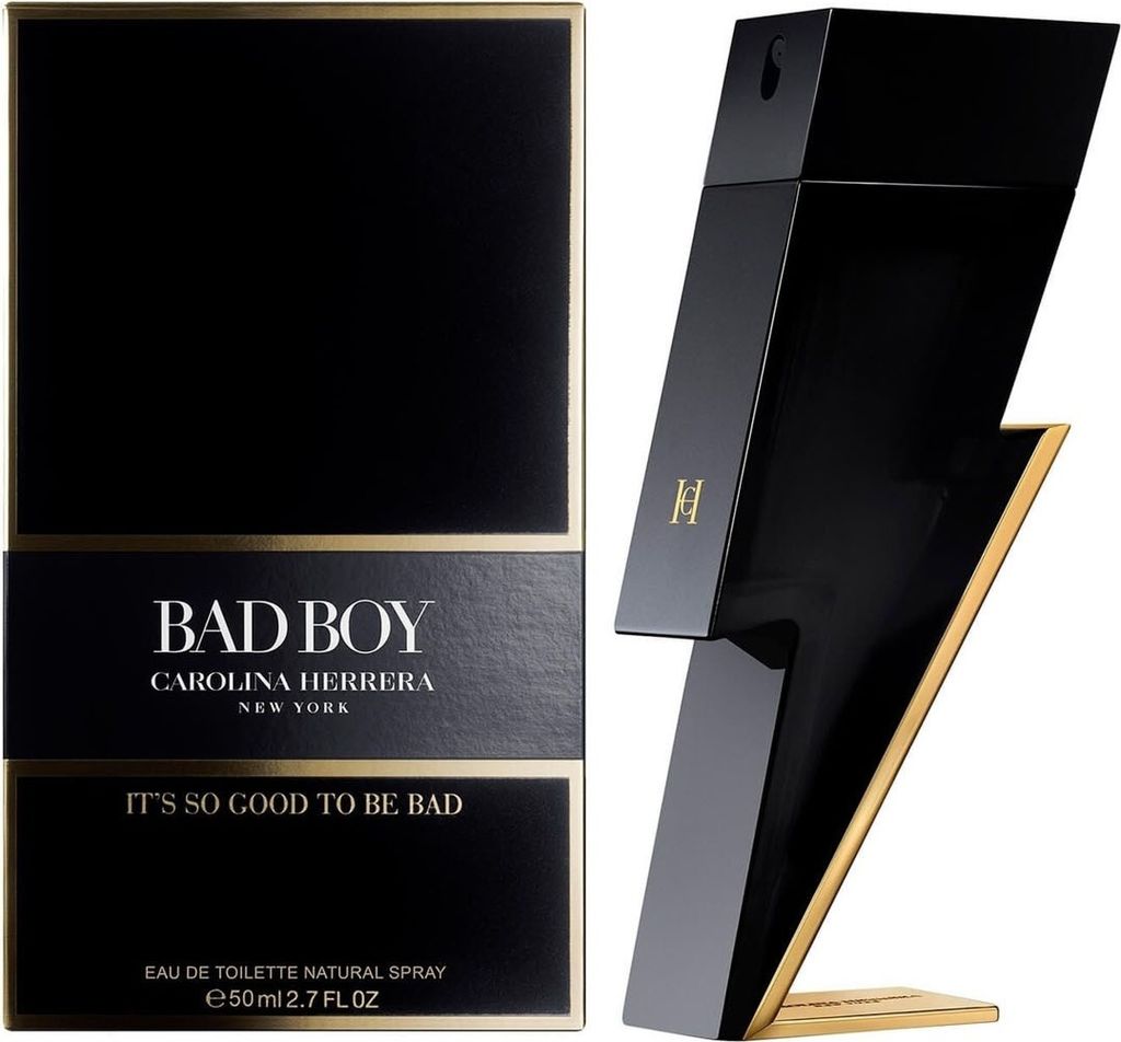 A black lightning bolt-shaped perfume bottle and its packaging are displayed against a white background.