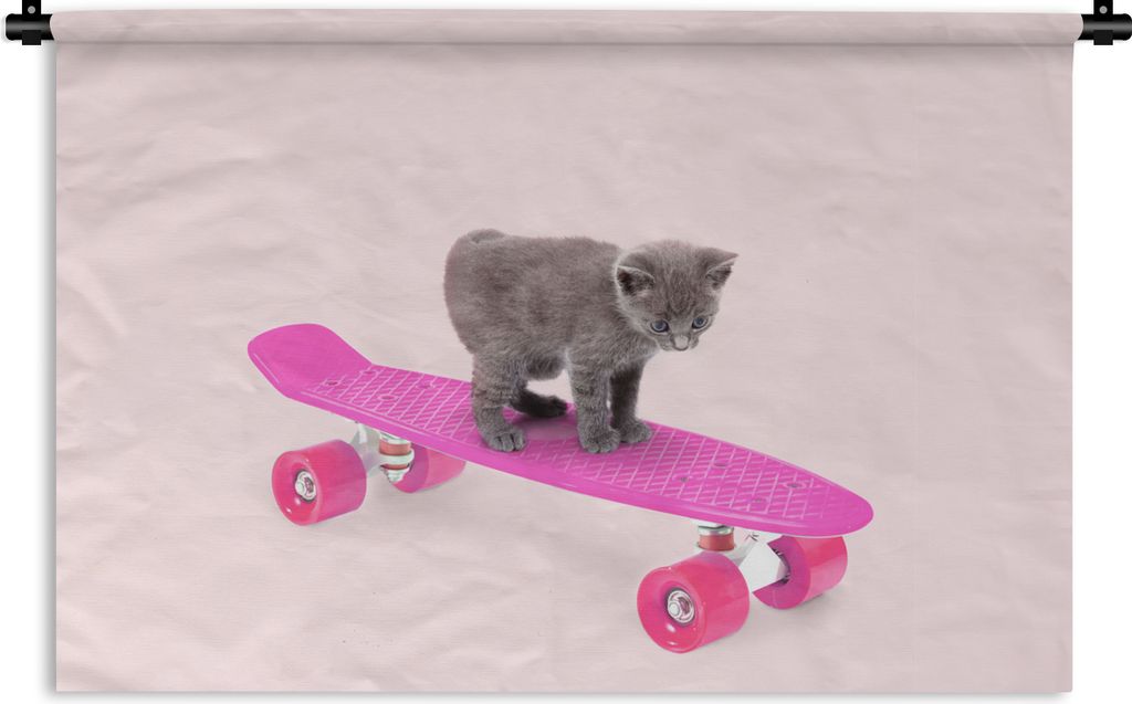 MuchoWow Wandteppich Wandbehang Katze - Kätzchen - Tiere - Skateboard - Rosa 120x80 cm Tapisserie Dekoration Wandtuch - Wanddekorationen - Wandt...