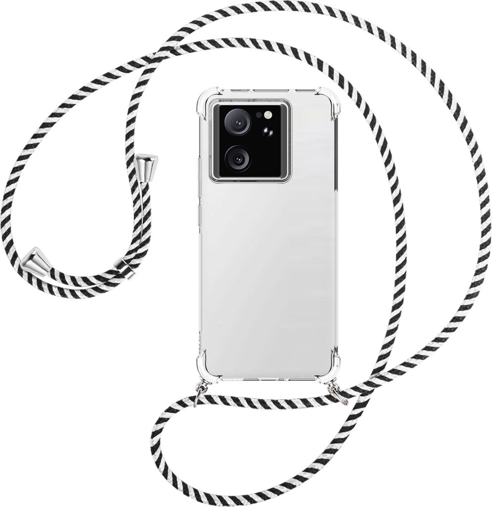 Handykette Backcover-Schutzhülle mit Band (Metall silberfarben) für Xiaomi 13T Pro (6.73'') - schwarz/weiß gestreift