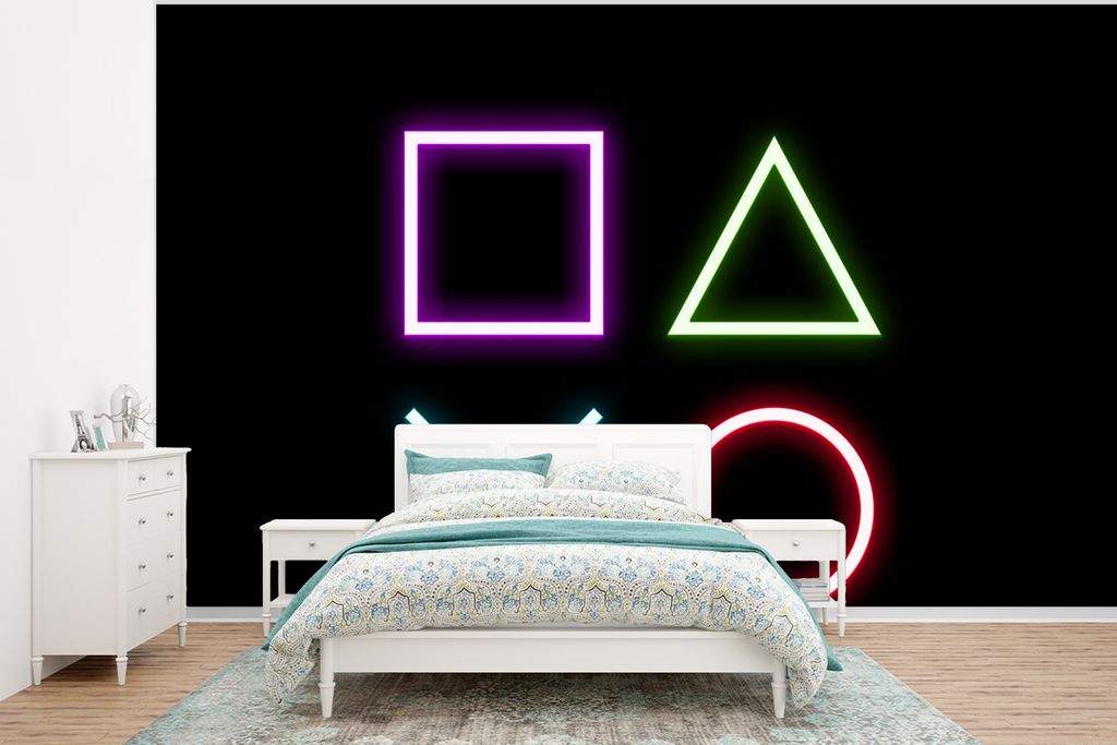 MuchoWow Fototapete für Wohnzimmer oder Schlafzimmer Wandtapete Vinyl Motivtapete Gaming - Neon - Konsole - Schwarz - Controller - Gaming - 320x...